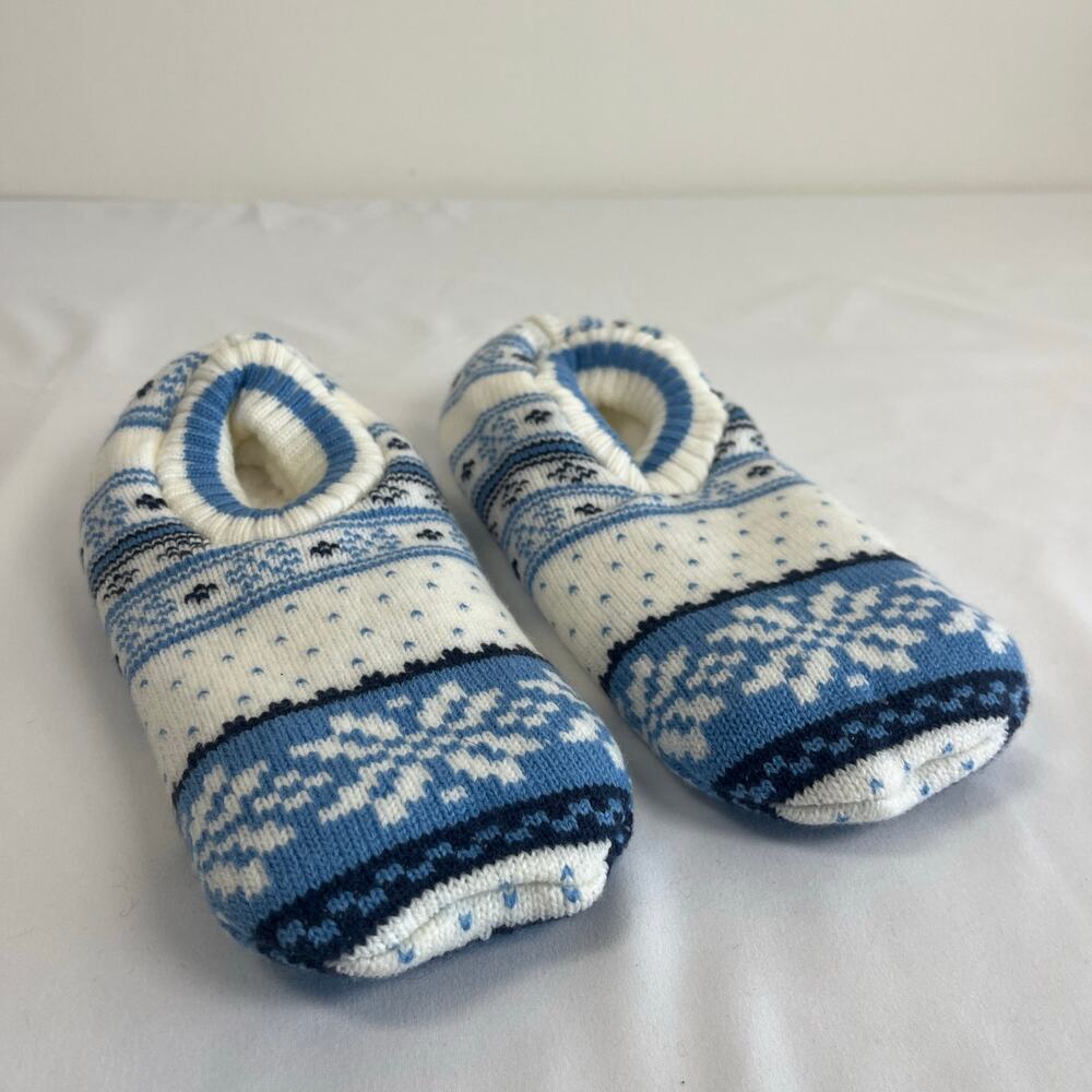 NWOT Nordic Fair Isle Sherpa Lined Slipper Socks Blue White Non Slip Winter Cozy